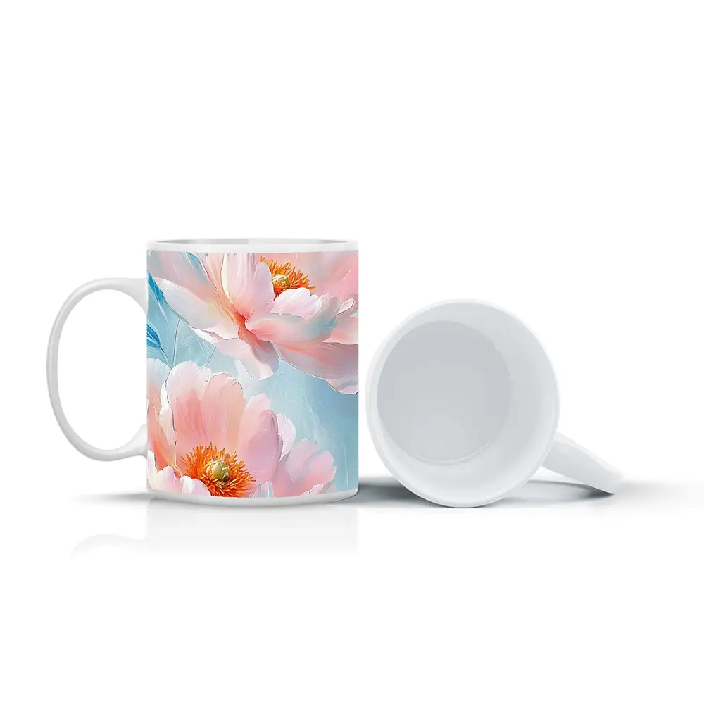 Pink Peonies Oil Painting Light Blue Background – Mugs