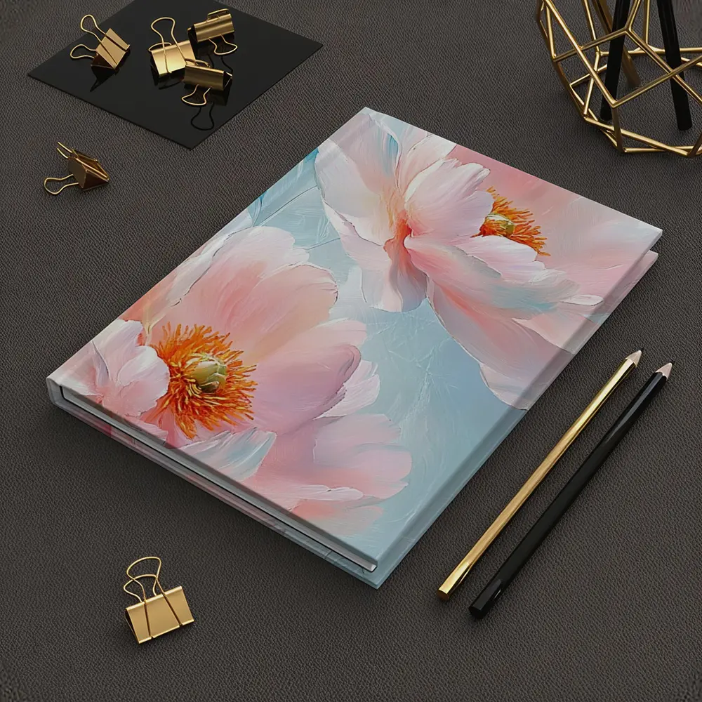 Pink Peonies Oil Painting Light Blue Background – Notebooks