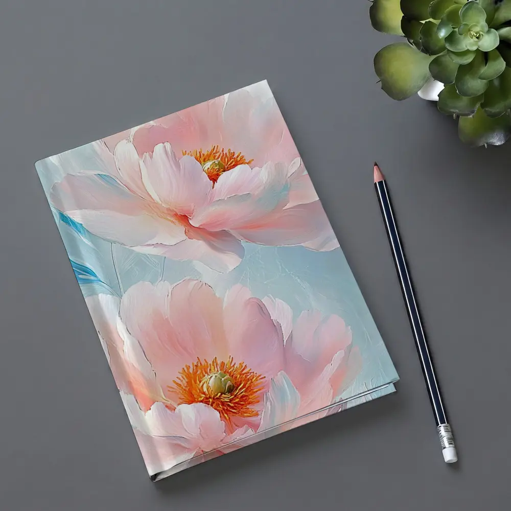 Pink Peonies Oil Painting Light Blue Background – Notebooks