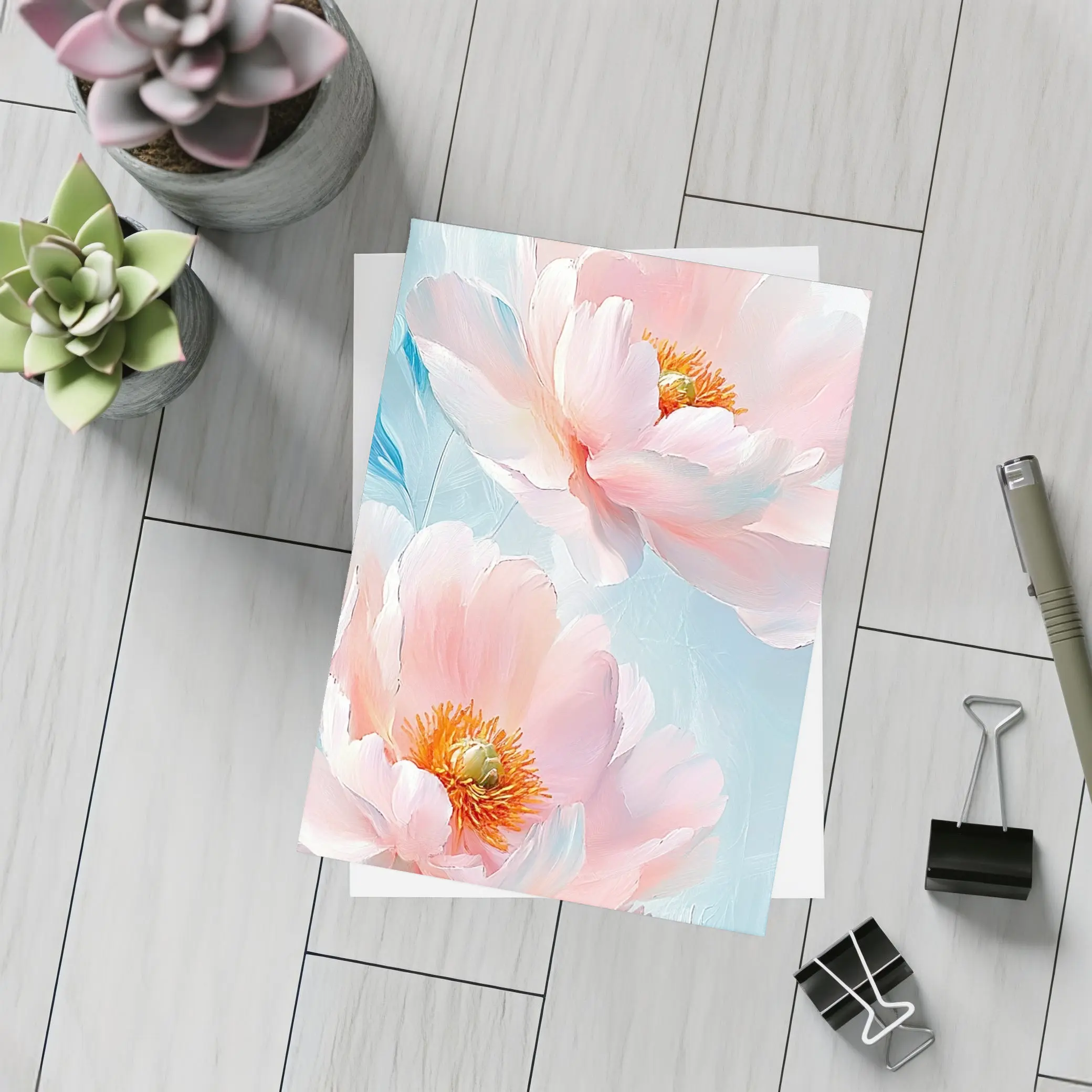 Pink Peonies Oil Painting Light Blue Background – Postcards