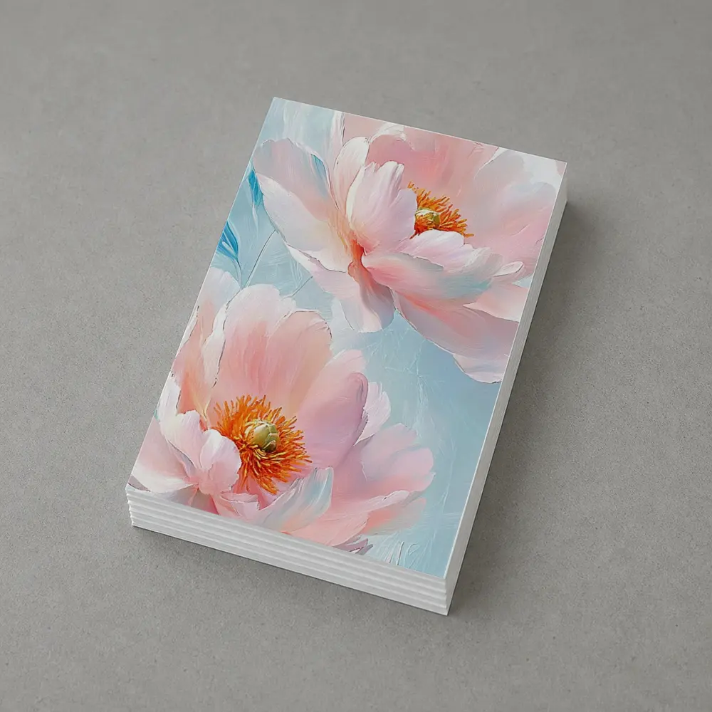 Pink Peonies Oil Painting Light Blue Background – Postcards