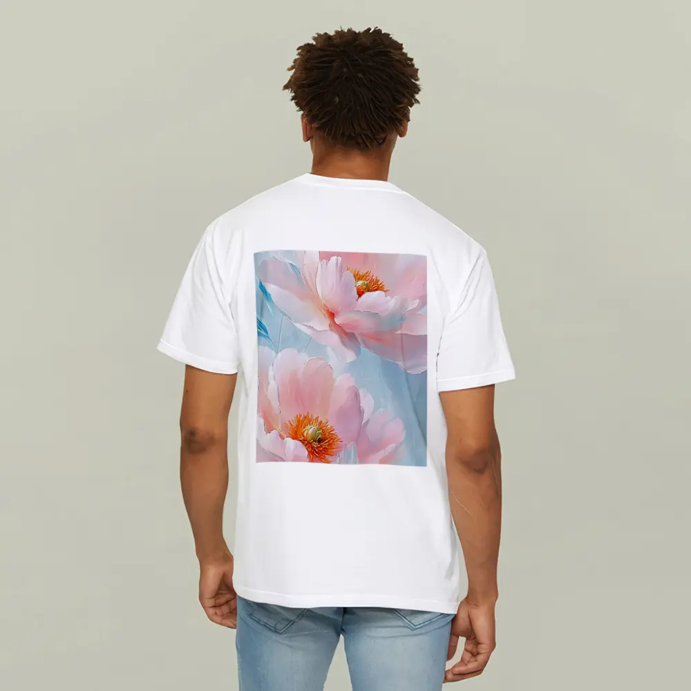 Pink Peonies Oil Painting Light Blue Background – T-Shirts
