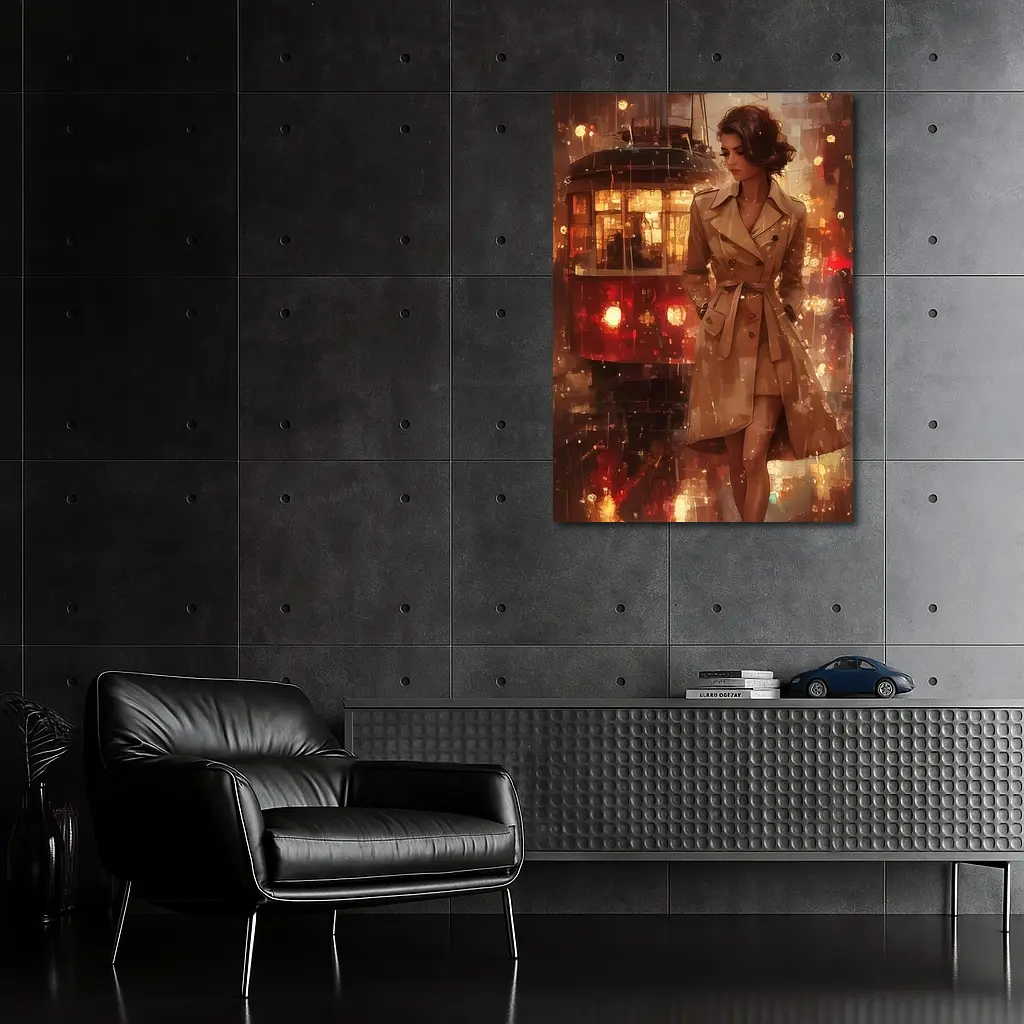 Woman in Trench Coat Rainy City Night – Wall Art