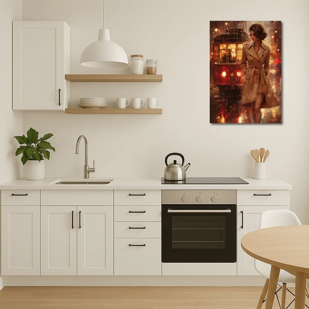 Woman in Trench Coat Rainy City Night – Wall Art