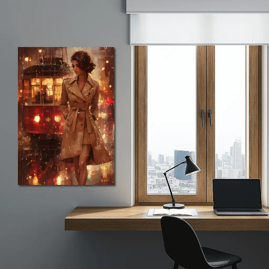 Woman in Trench Coat Rainy City Night – Wall Art