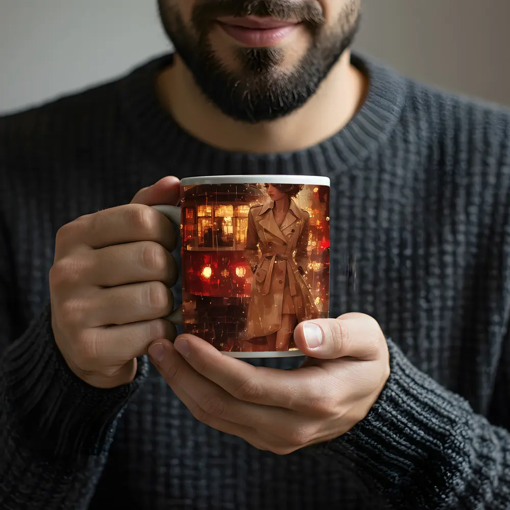 Woman in Trench Coat Rainy City Night – Mugs