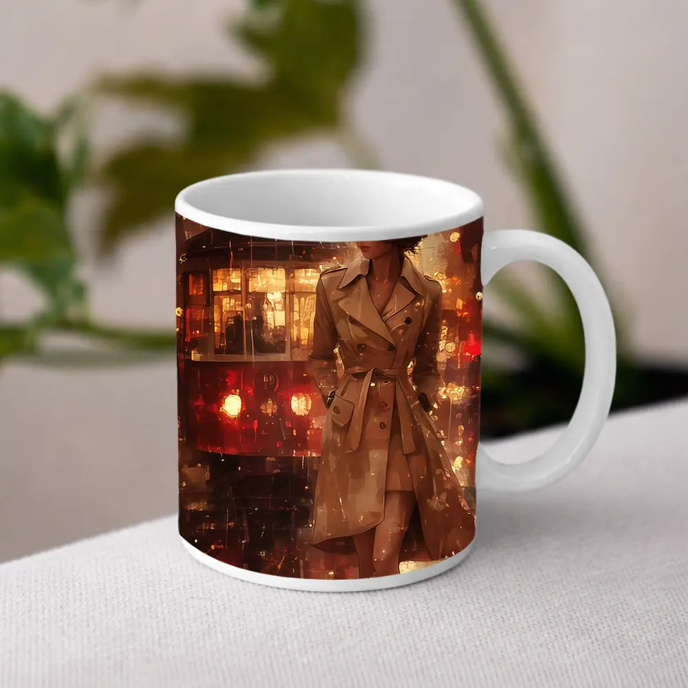 Woman in Trench Coat Rainy City Night – Mugs