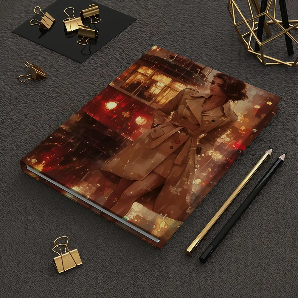 Woman in Trench Coat Rainy City Night – Notebooks