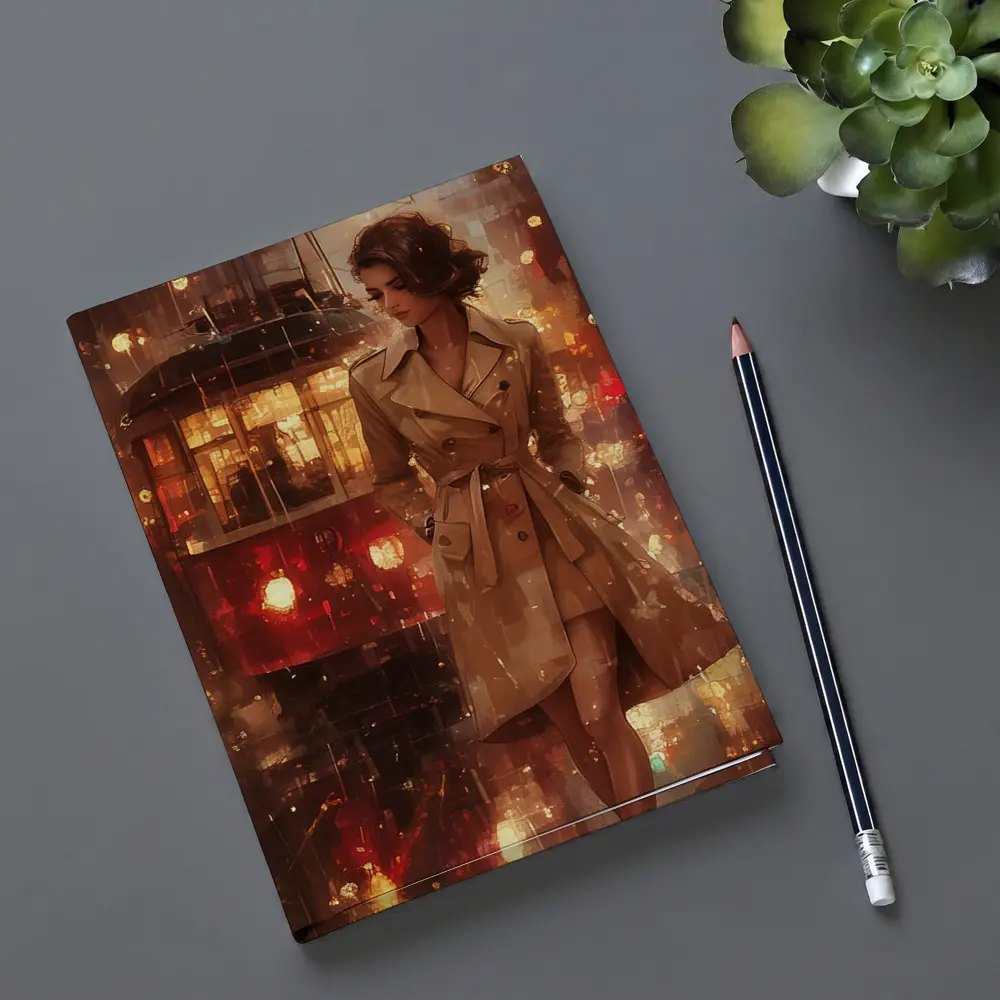 Woman in Trench Coat Rainy City Night – Notebooks