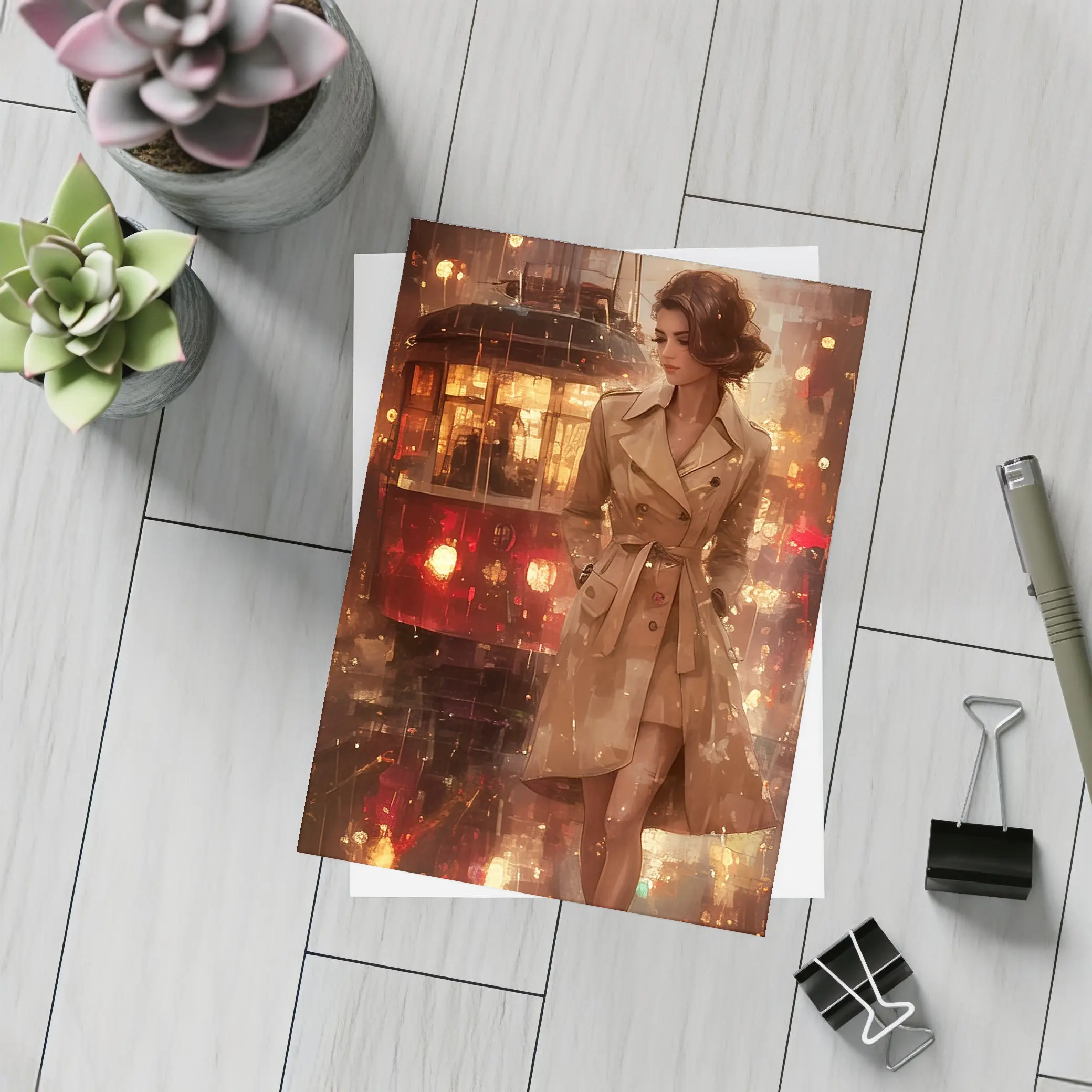 Woman in Trench Coat Rainy City Night – Postcards