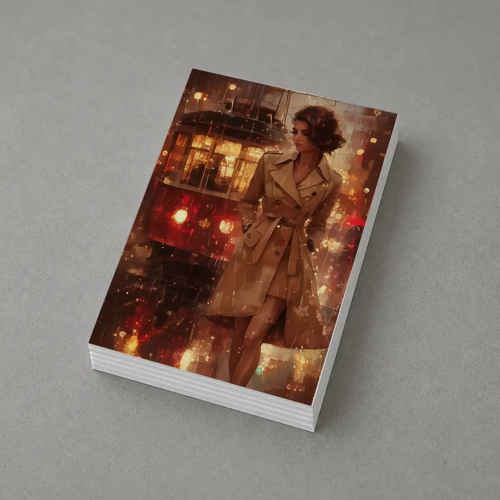 Woman in Trench Coat Rainy City Night – Postcards