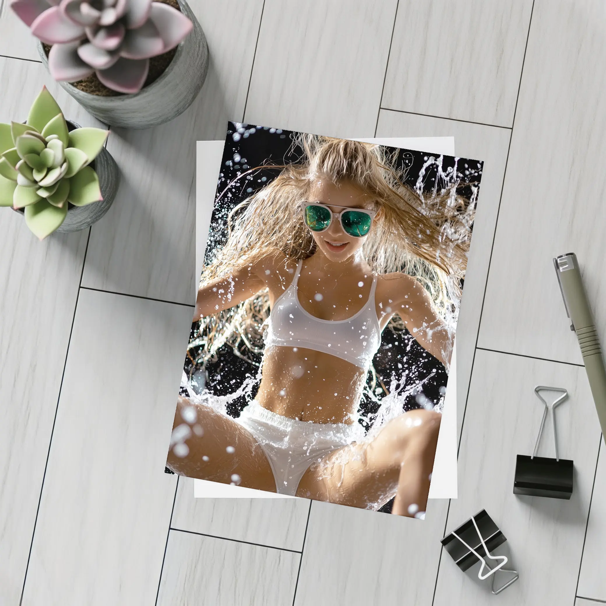 Woman in White Bikini Water Splash – Postcards