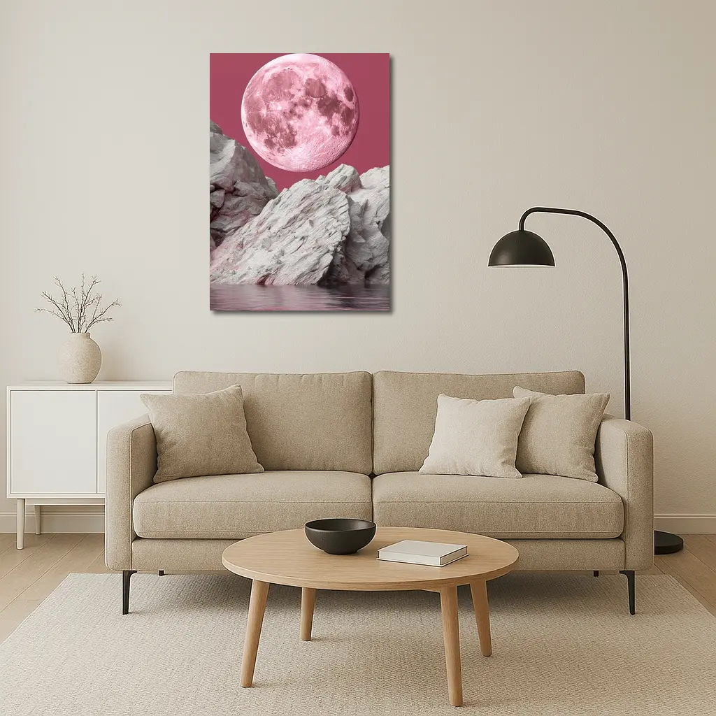 Pink Moon Over Rocky Surreal Landscape – Wall Art