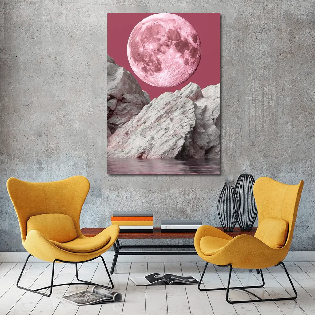 Pink Moon Over Rocky Surreal Landscape – Wall Art
