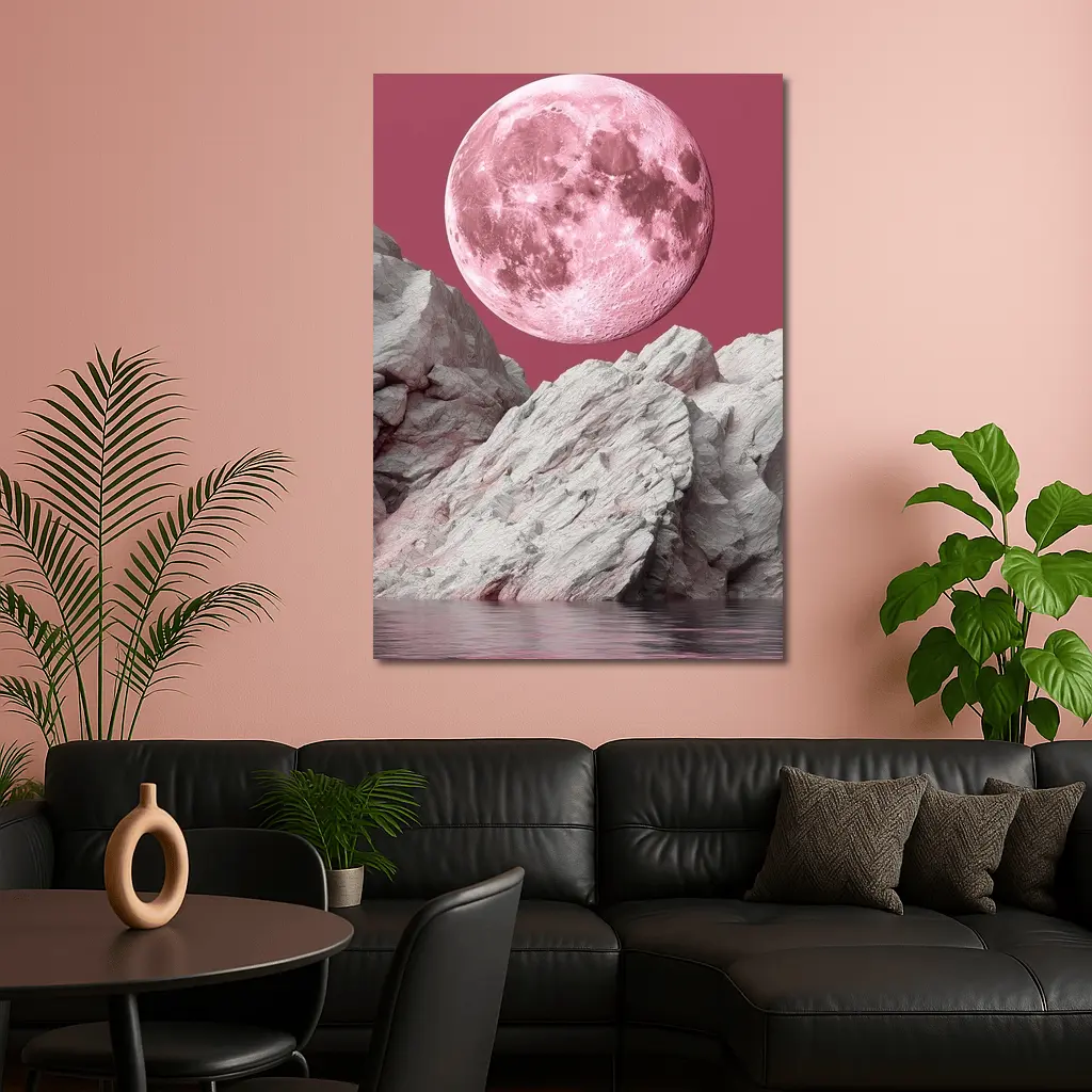 Pink Moon Over Rocky Surreal Landscape – Wall Art