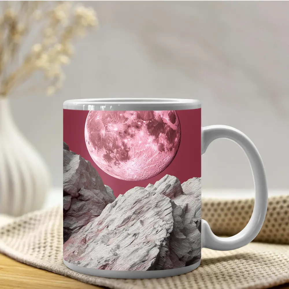 Pink Moon Over Rocky Surreal Landscape – Mugs
