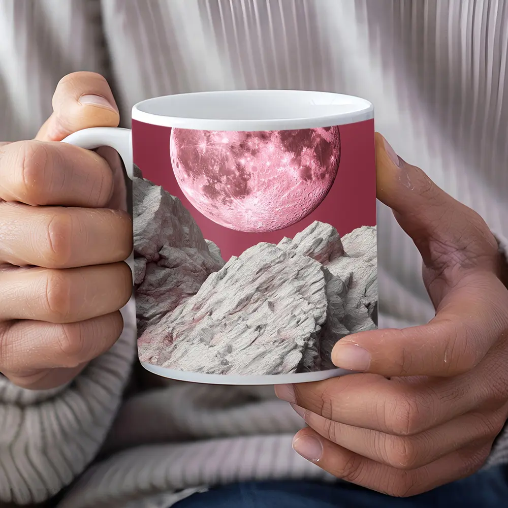 Pink Moon Over Rocky Surreal Landscape – Mugs