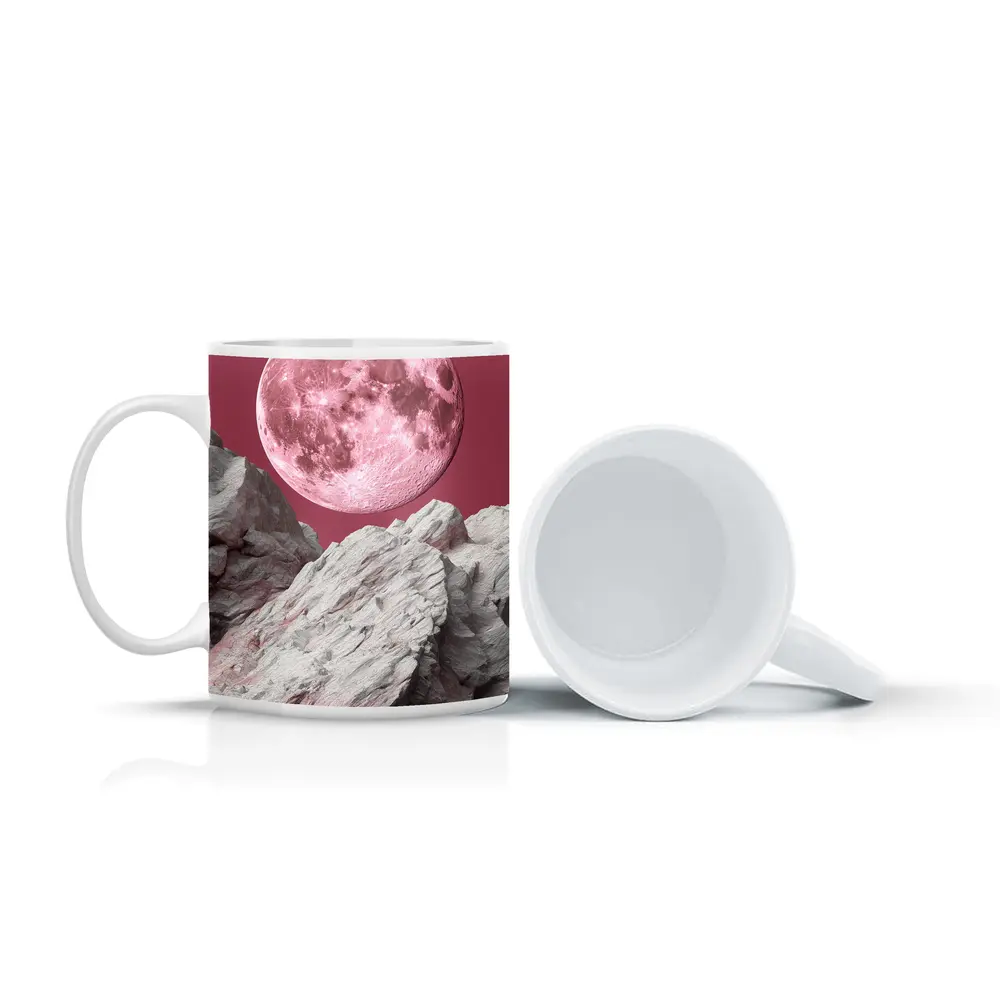 Pink Moon Over Rocky Surreal Landscape – Mugs