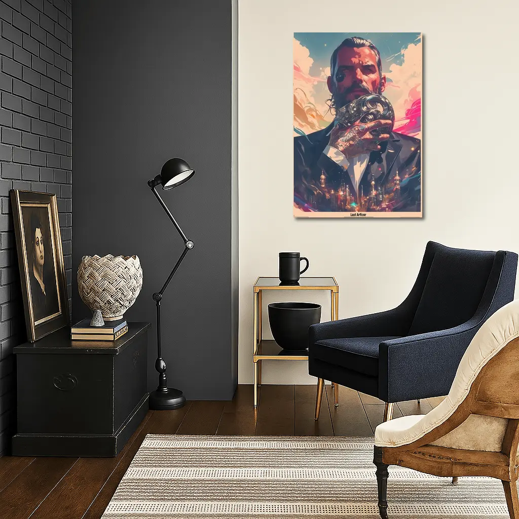 Tattooed Man Holding Mask Futuristic City – Wall Art