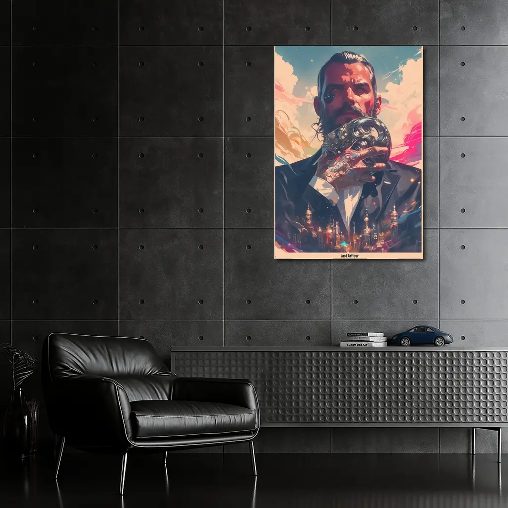 Tattooed Man Holding Mask Futuristic City – Wall Art