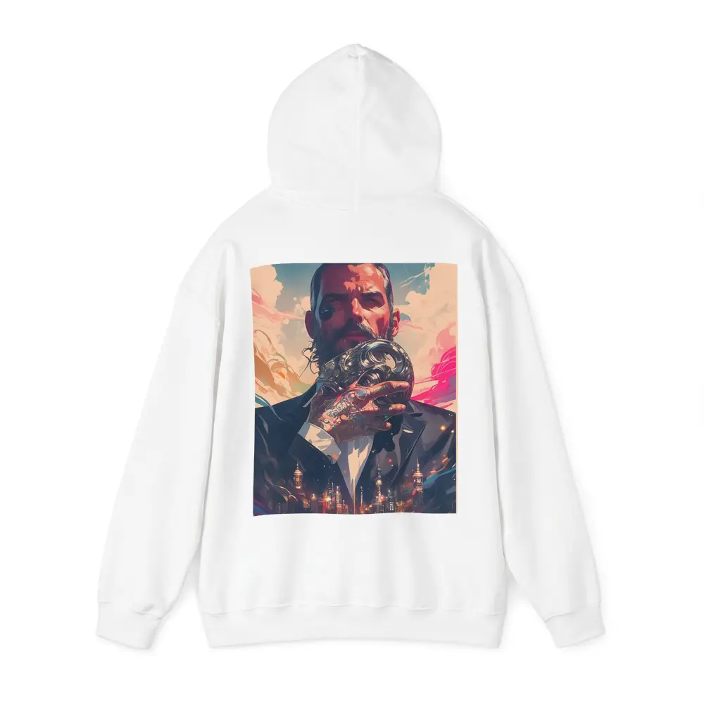 Tattooed Man Holding Mask Futuristic City – Hoodies