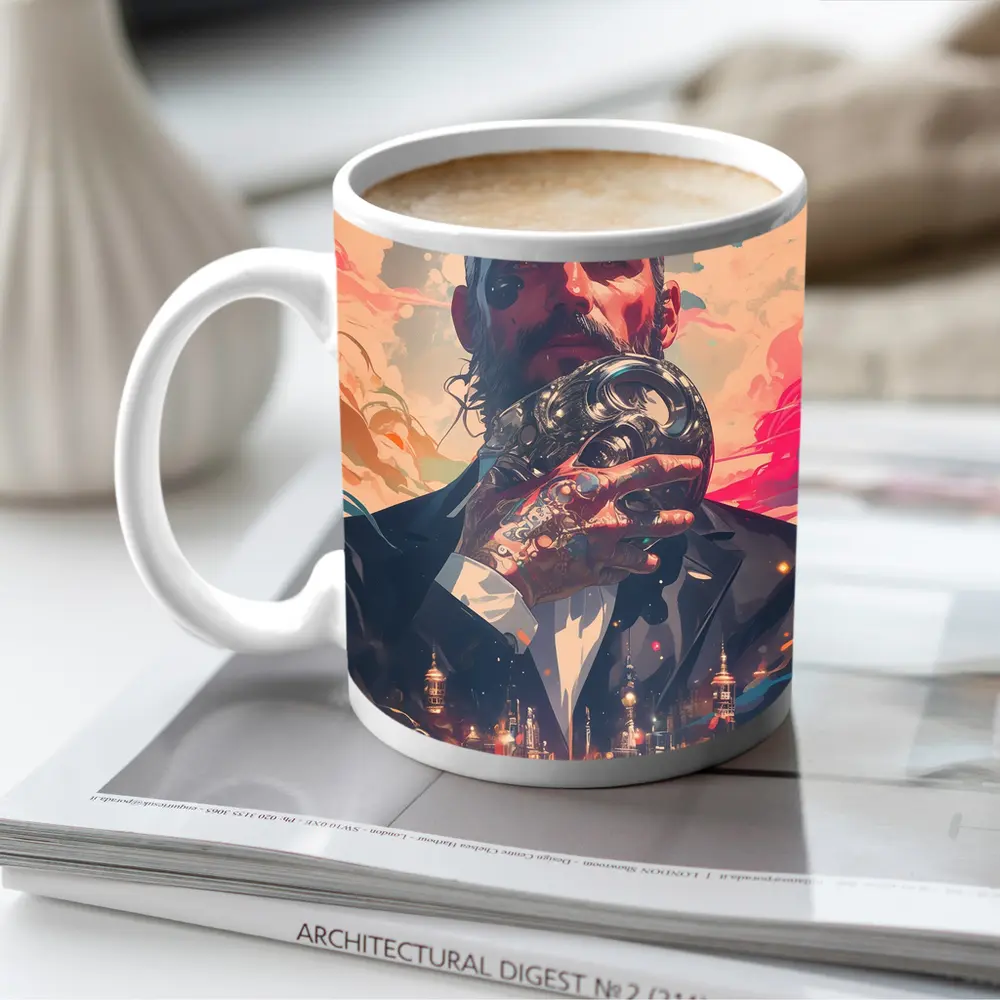 Tattooed Man Holding Mask Futuristic City – Mugs