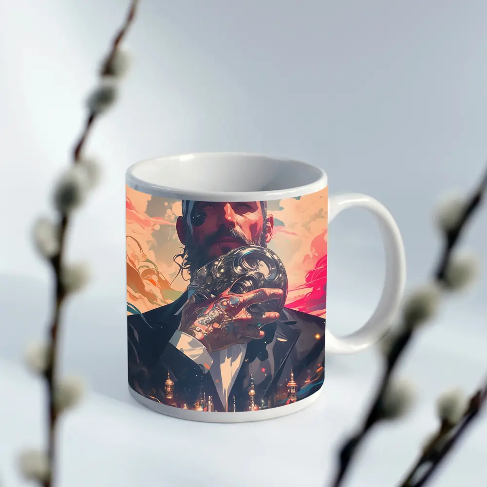Tattooed Man Holding Mask Futuristic City – Mugs