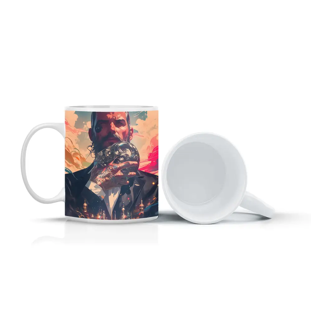Tattooed Man Holding Mask Futuristic City – Mugs