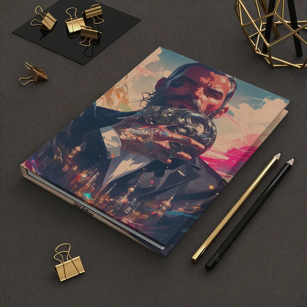Tattooed Man Holding Mask Futuristic City – Notebooks