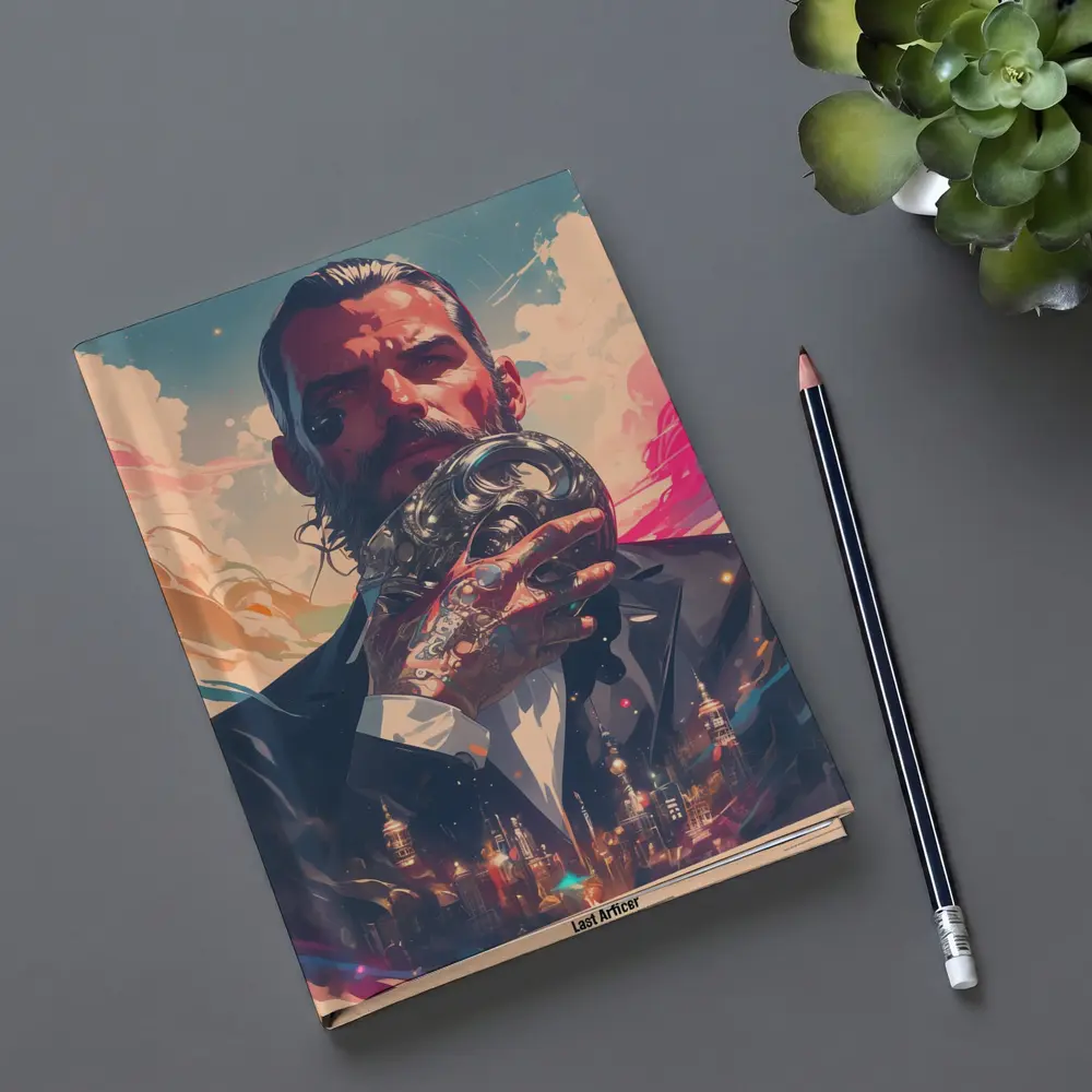 Tattooed Man Holding Mask Futuristic City – Notebooks