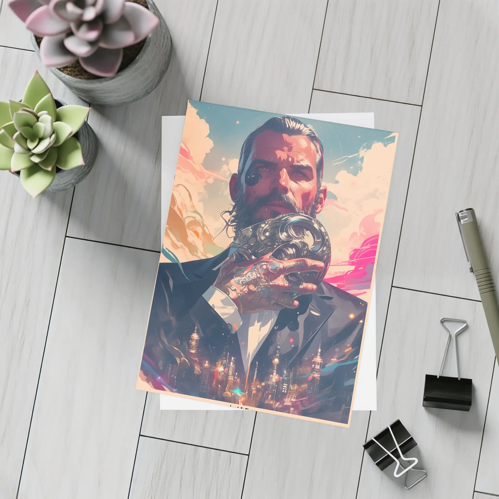 Tattooed Man Holding Mask Futuristic City – Postcards