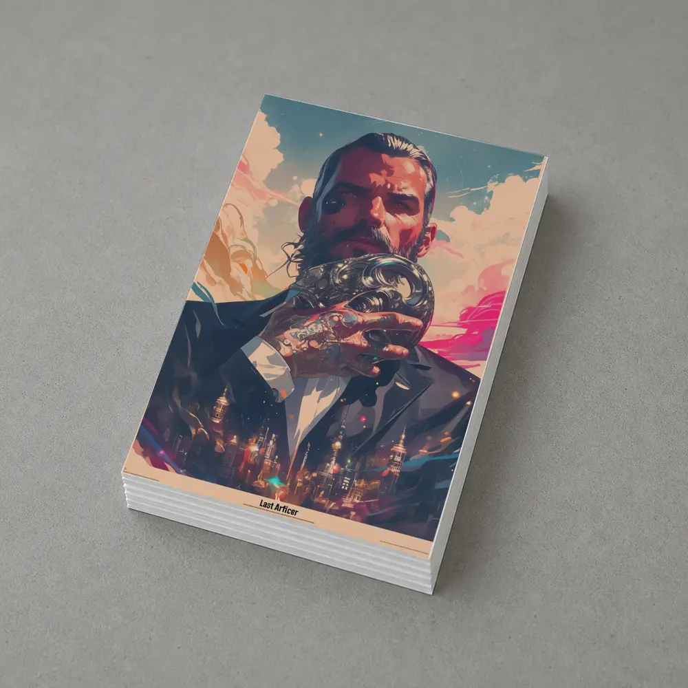 Tattooed Man Holding Mask Futuristic City – Postcards