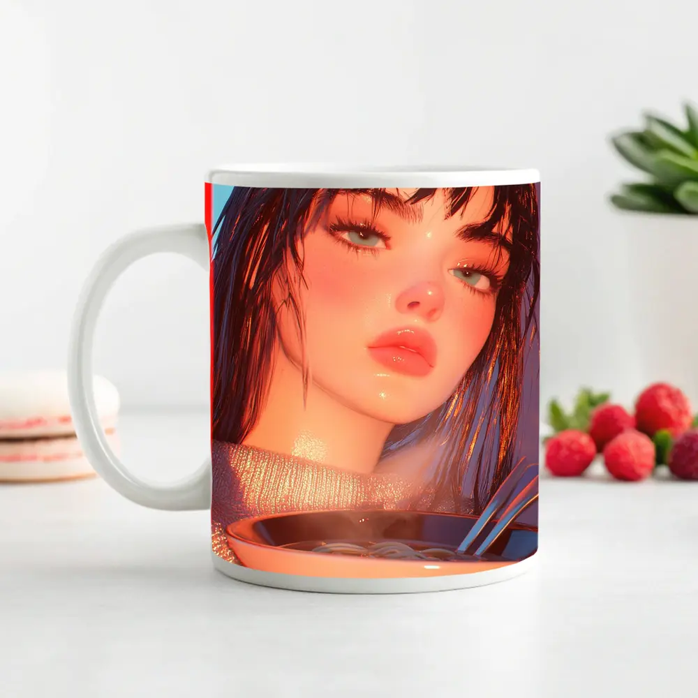 Anime Girl Eating Ramen Bowl Art – Mugs