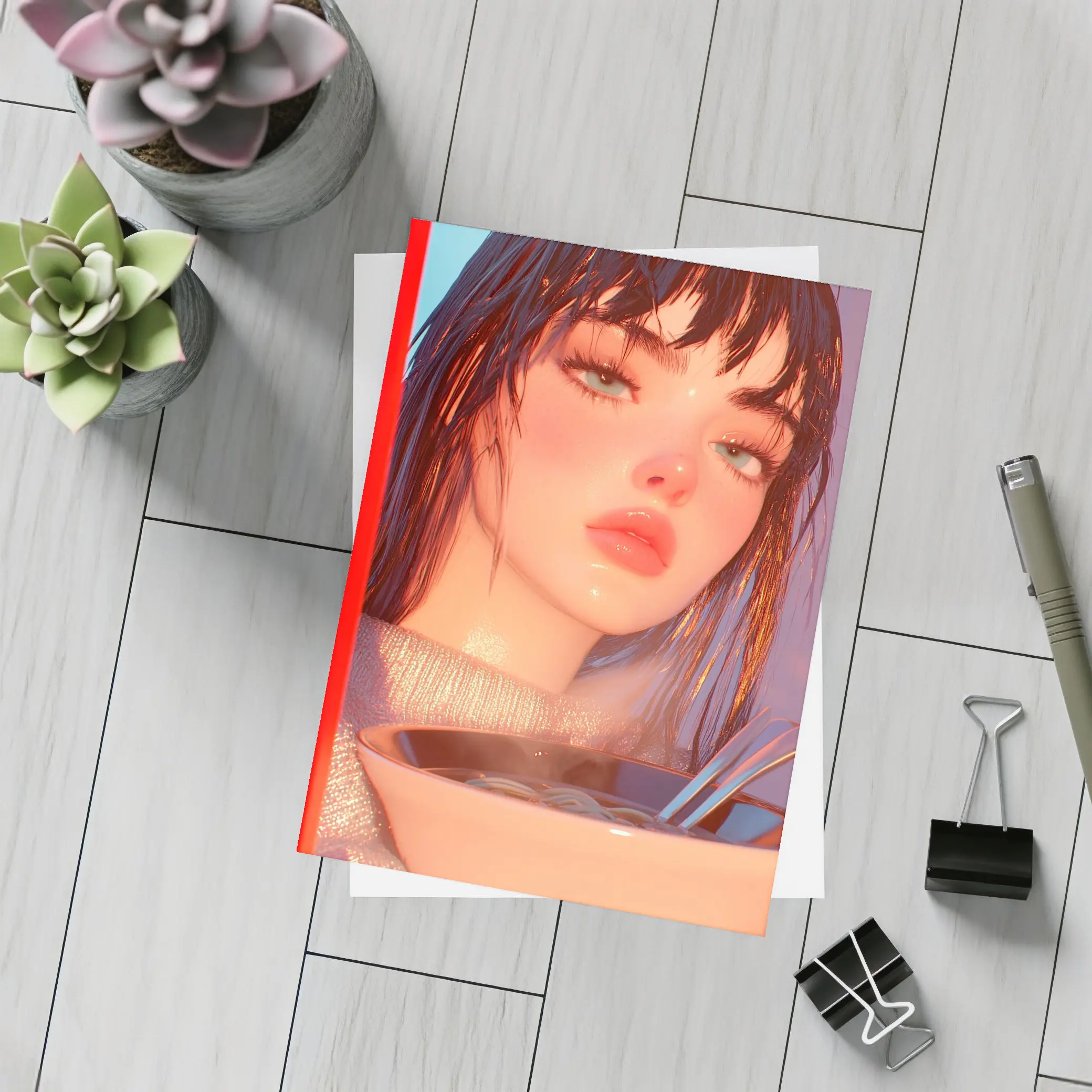 Anime Girl Eating Ramen Bowl Art – Postcards