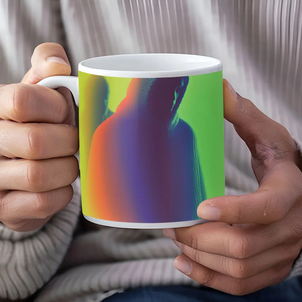 Hooded Figure Neon Green Abstract Art – Mugs