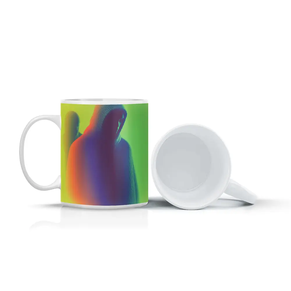 Hooded Figure Neon Green Abstract Art – Mugs