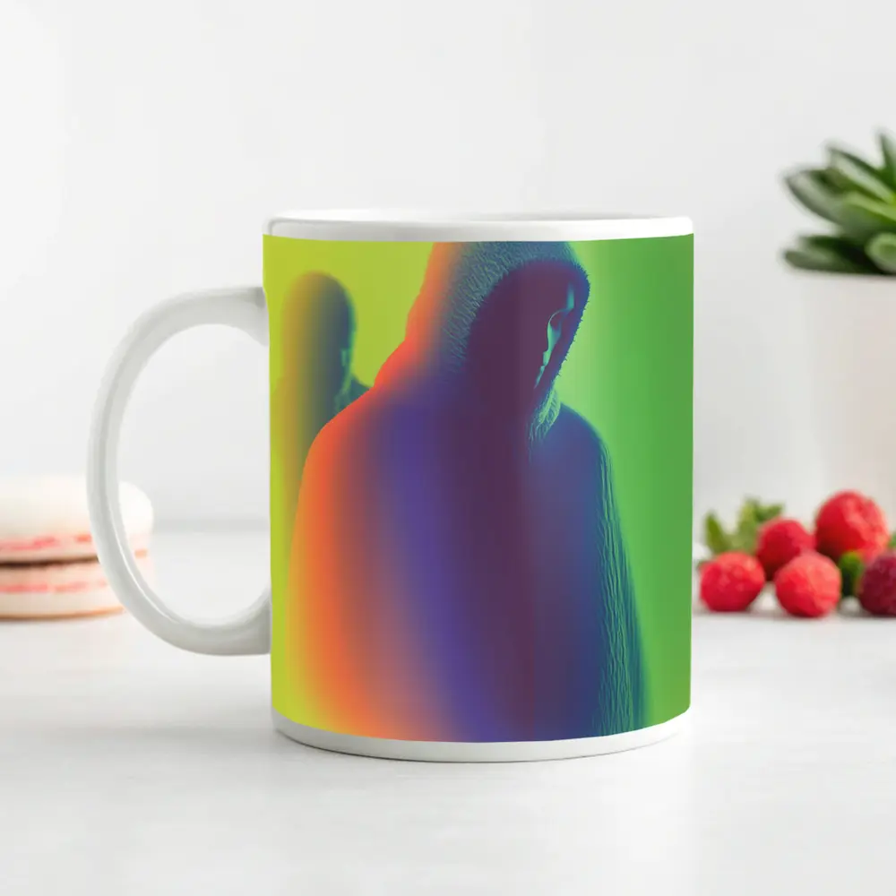 Hooded Figure Neon Green Abstract Art – Mugs