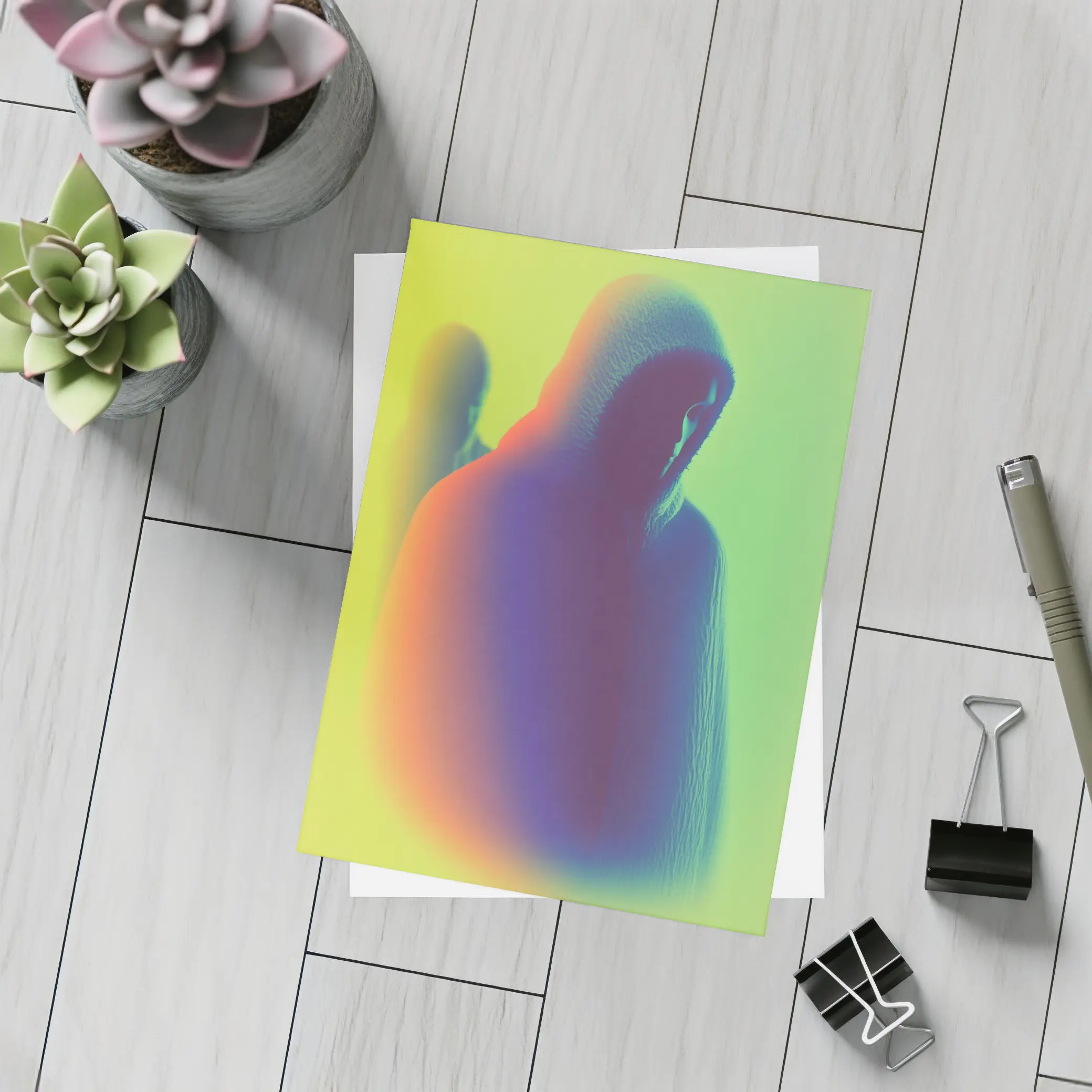 Hooded Figure Neon Green Abstract Art – Postcards
