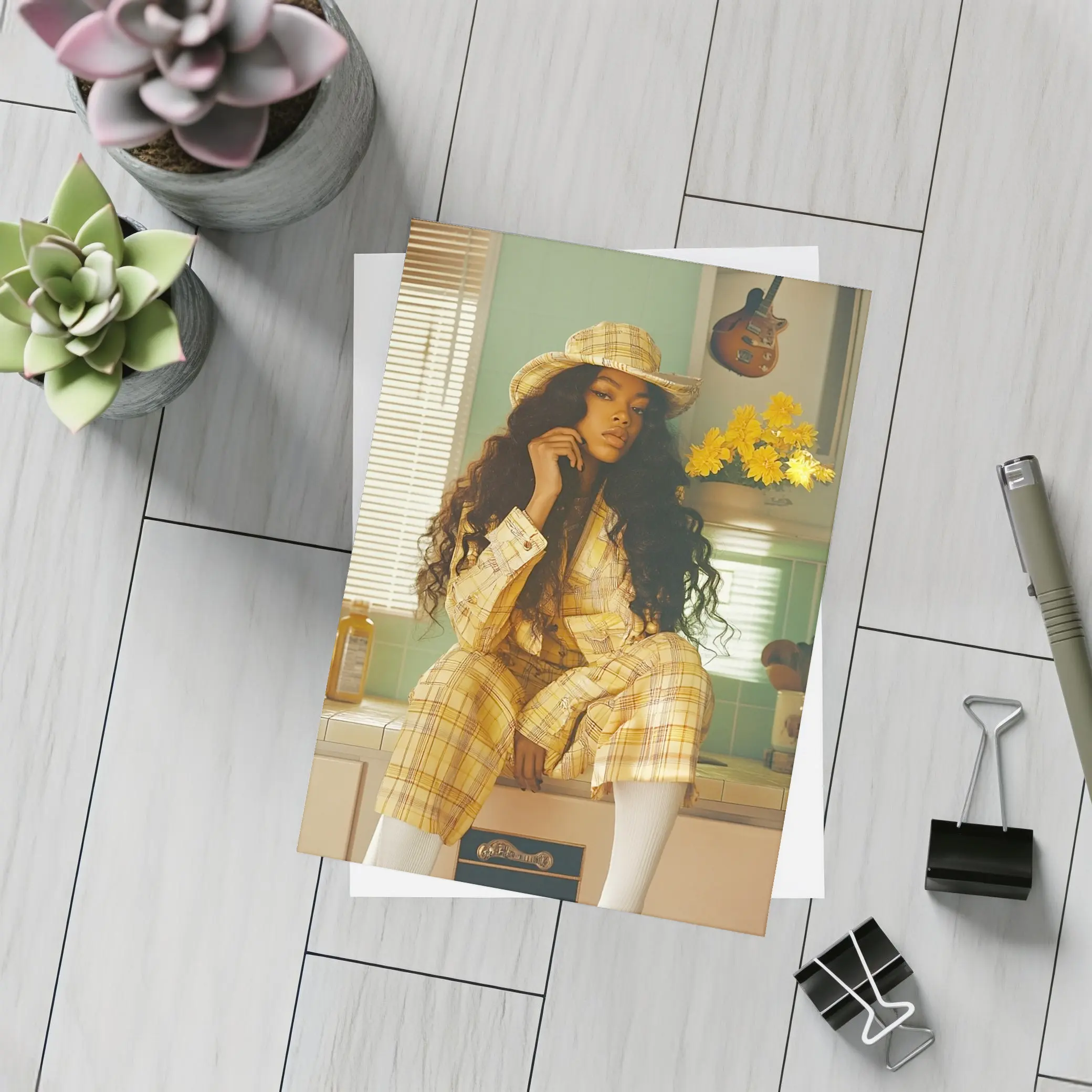 Woman Yellow Plaid Suit Retro Kitchen – Postcards