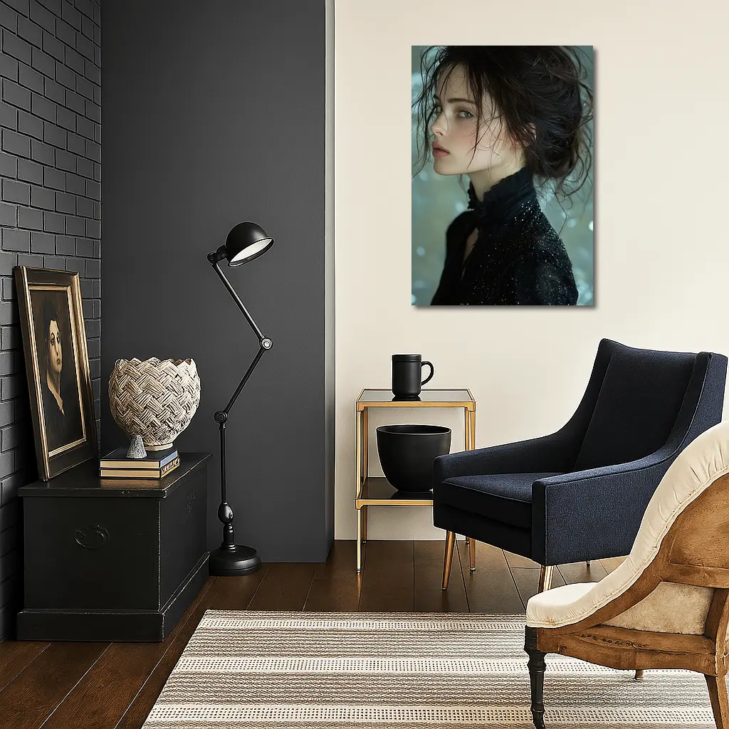 Dark Haired Woman Black Glitter Bokeh Background – Wall Art