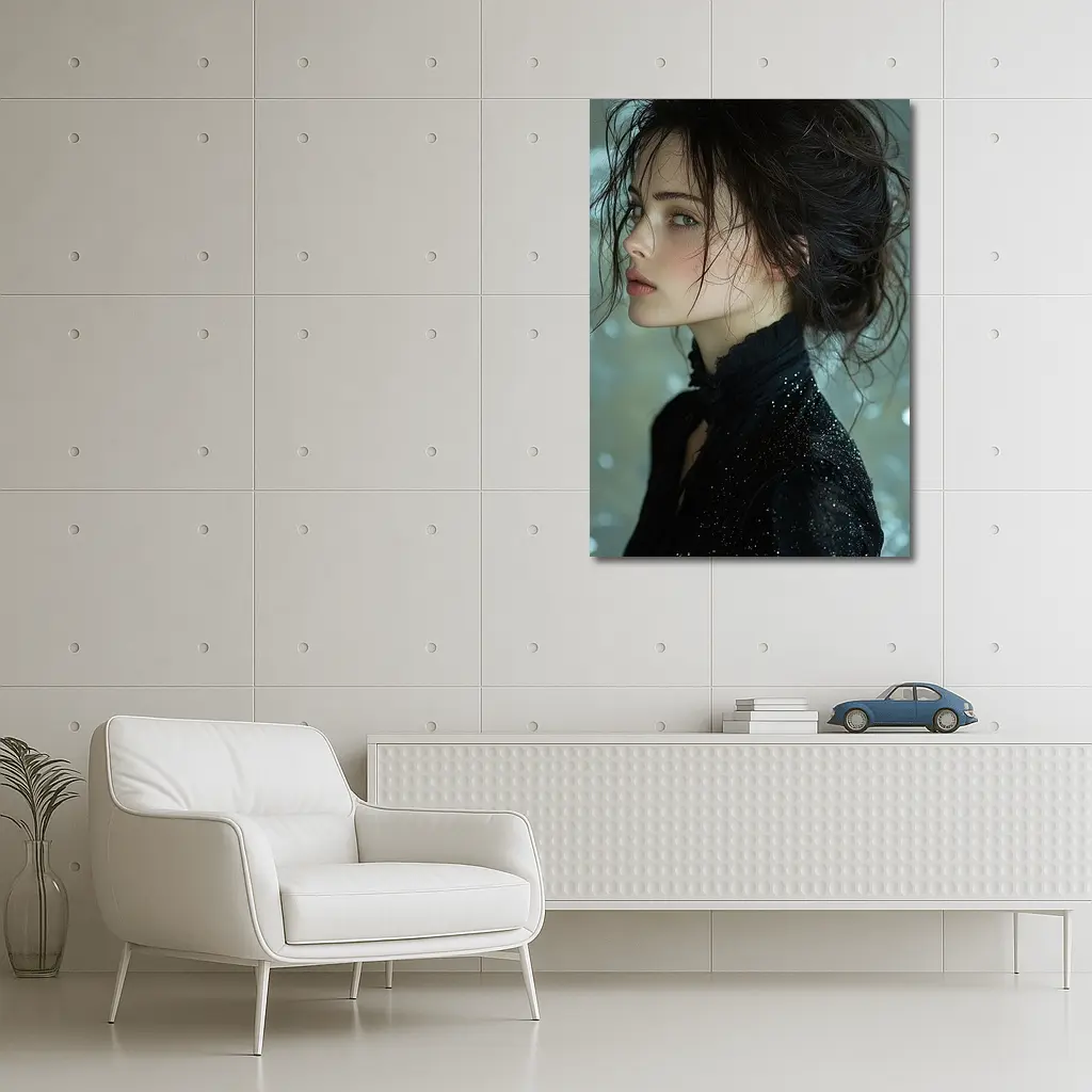Dark Haired Woman Black Glitter Bokeh Background – Wall Art