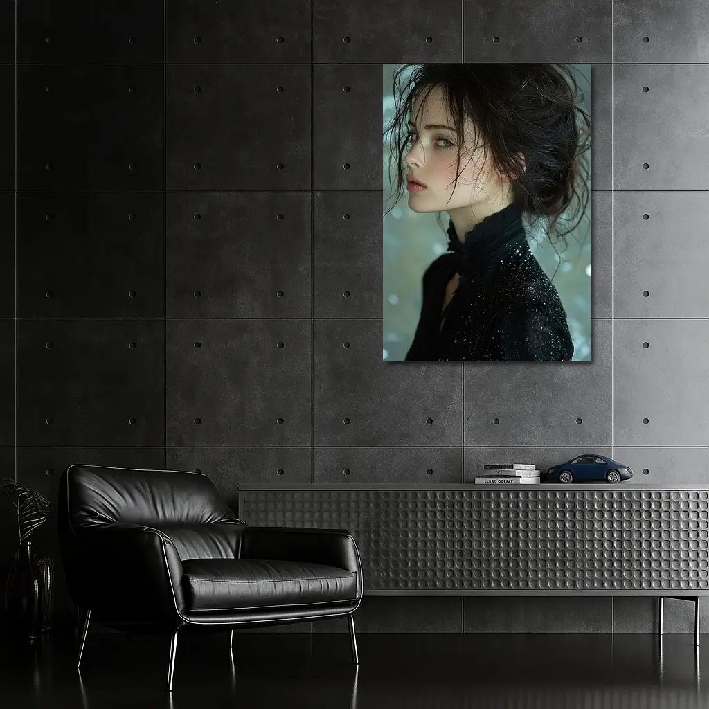 Dark Haired Woman Black Glitter Bokeh Background – Wall Art