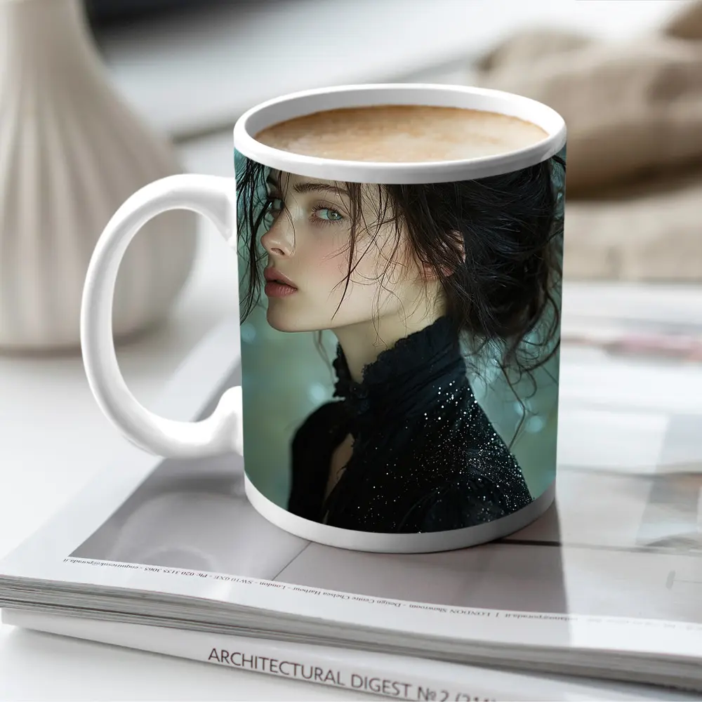 Dark Haired Woman Black Glitter Bokeh Background – Mugs