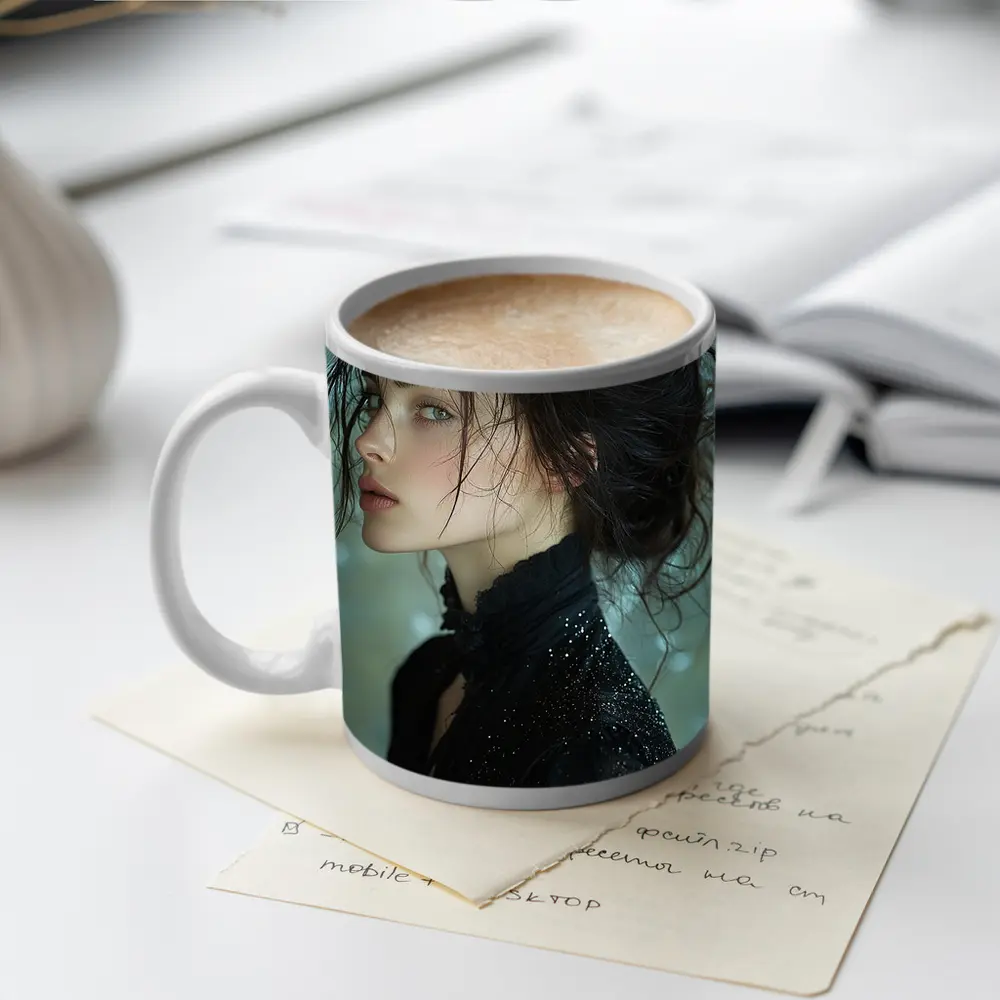 Dark Haired Woman Black Glitter Bokeh Background – Mugs