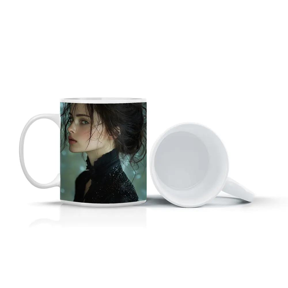 Dark Haired Woman Black Glitter Bokeh Background – Mugs