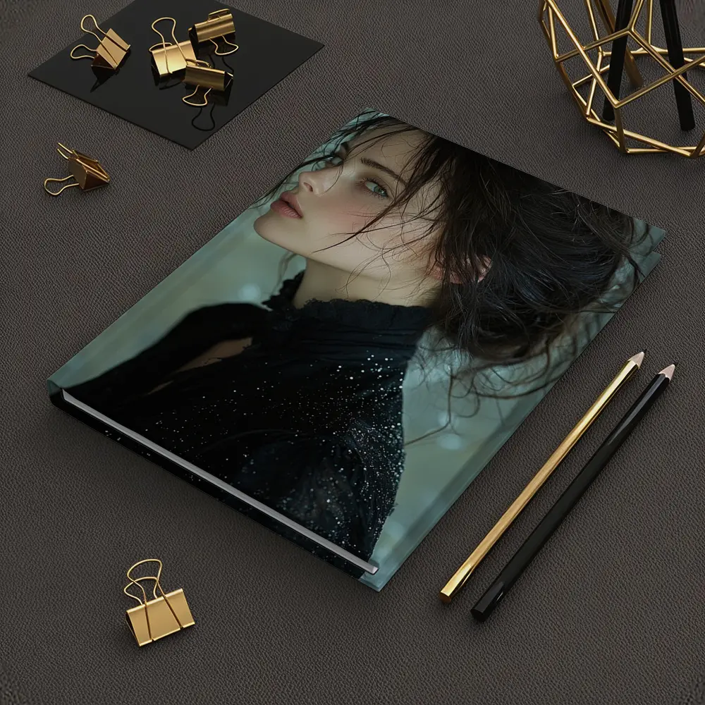 Dark Haired Woman Black Glitter Bokeh Background – Notebooks
