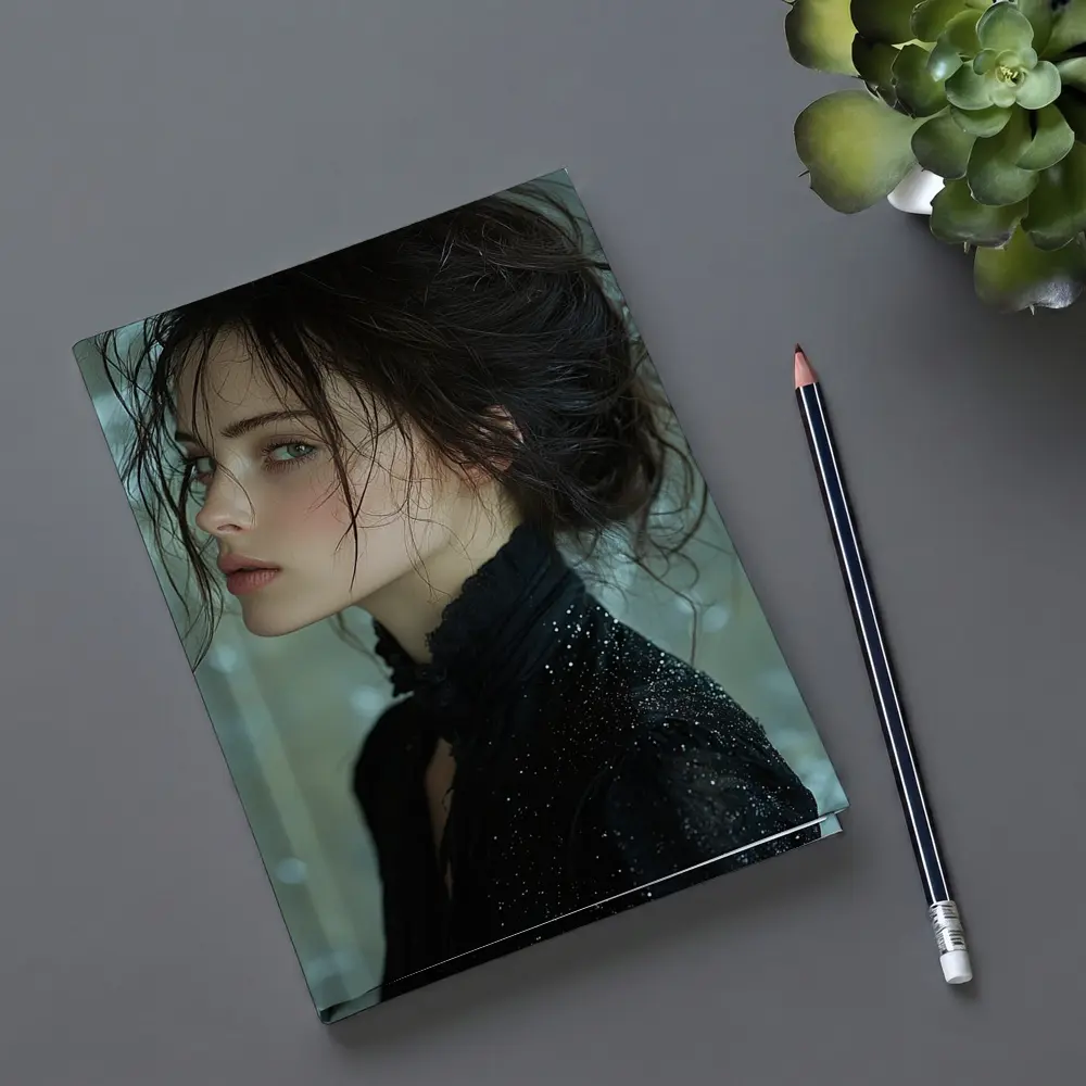 Dark Haired Woman Black Glitter Bokeh Background – Notebooks