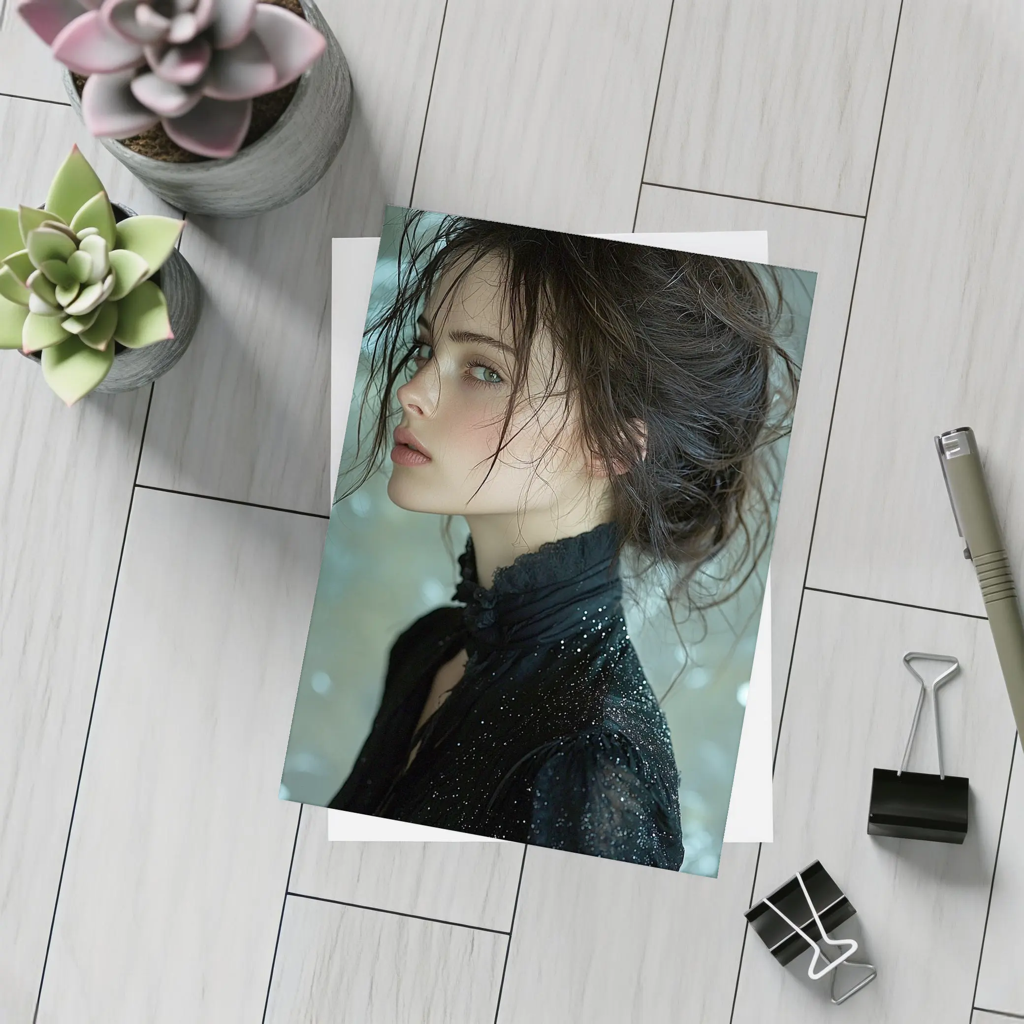 Dark Haired Woman Black Glitter Bokeh Background – Postcards