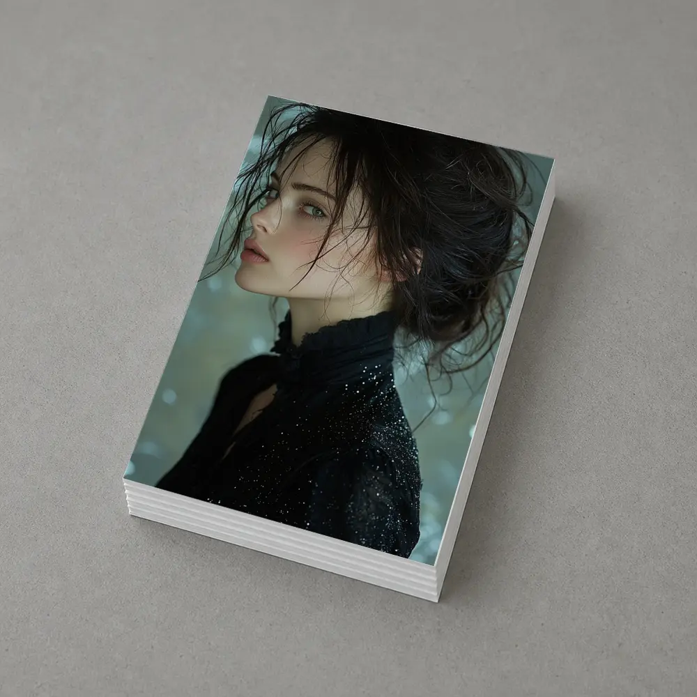 Dark Haired Woman Black Glitter Bokeh Background – Postcards
