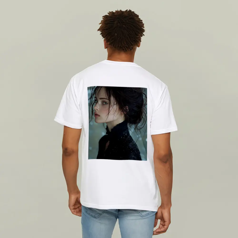 Dark Haired Woman Black Glitter Bokeh Background – T-Shirts